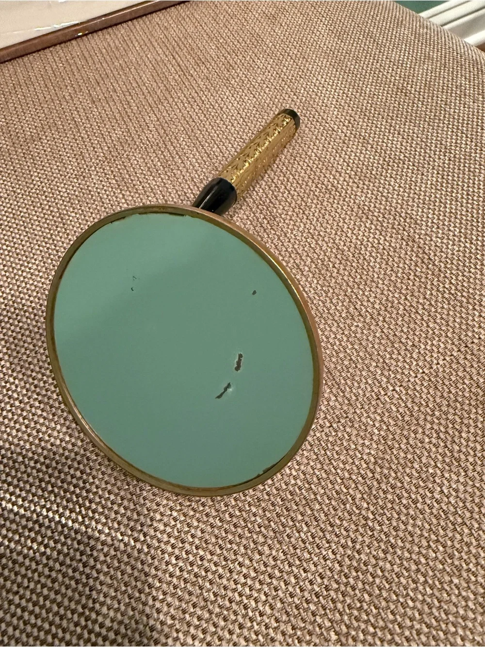 Vtg Womens Brass Handheld Mirror w painted courting scene